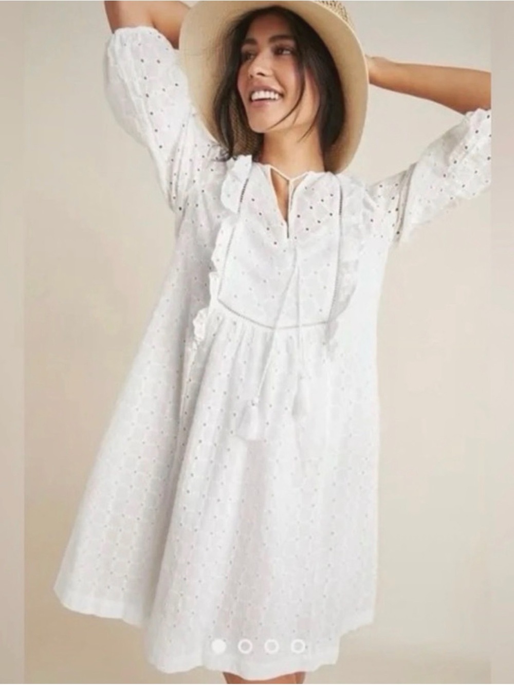 Anthropologie Thames White Eyelet Ruffle Boho Cotton Mini Tunic Dress Size